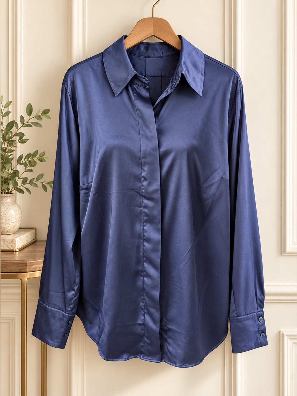 Lane Bryant Navy Satin Button Front Blouse Size 14